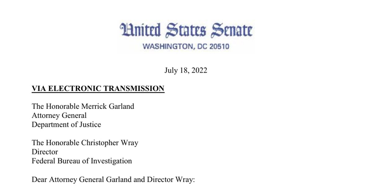 Page from Grassley July 18 2022 letter to Garland and Wray naming Richard Pilger